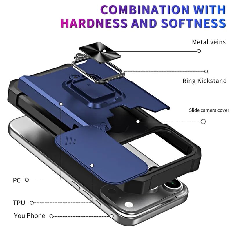 Image of LuxuryKase Shockproof Armor Case for iPhone 17 Pro | Slide Camera Cover | Hidden Card Slot | Rotating Ring Kickstand | Magnetic Car Mount Support | Military Grade Protection - Blue