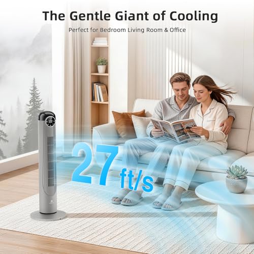 Image of Antarctic Star T36 Tower Fan-36 Inch, Bladeless Oscillating Fan with Remote, 6 Speeds & 4 Modes, LED Display, 9H Timer, Quiet Floor Standing Fan for Bedroom Living Room Office, Grey