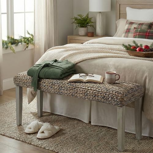 Image of Solid Wood Acacia Indoor Bench with Natural Woven Water Hyacinth Seat, Wood Bench for Living Room or Entryway, Vintage Bench, Fishbone Style, Grey Leg