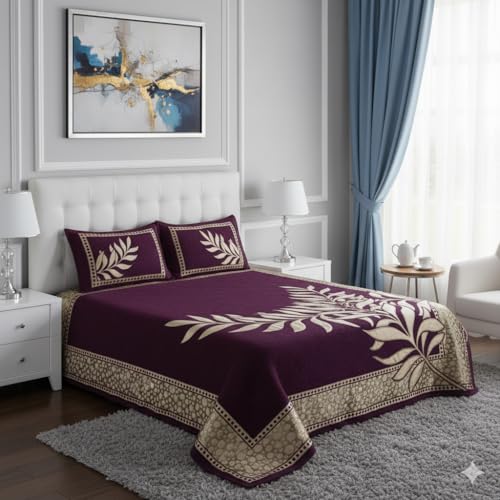 Image of Fresh from Loom Printed Bed Cover with Leaf Print Design, Chenille 500 TC Bedding Fabric, Bedsheet Set with 2 Pillow Covers, Soft Breathable Bed Cover for Bedroo 90x100 Inches | Purple | Chenille