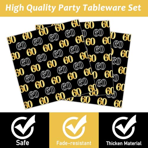 Image of 96PCS 60th Theme Birthday Party Tableware Vintage 1966 Party Supplies 60 Year Old Birthday Party Decorations Plates Napkins Forks Black and Gold Dinnerware Favors for Men or Women