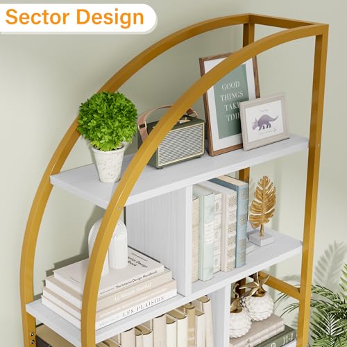 Image of Jehiatek 71 inch Arc Gold Bookshelf with Storage Cabinet, Tall 6 Tiers Industrial Bookcase with Sturdy Metal Frame, Geometric Book Shelf for Lving Room, Home Office, Gold and White