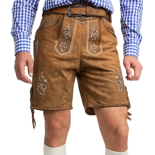 STEIGENHÖFER Vintage Trachten Lederhose für Herren im Antik-Look mit passendem Gürtel, echtes Premium Leder in 3 Farben, Gr. 46-62, Farbe: Antik Braun, Größe: 58