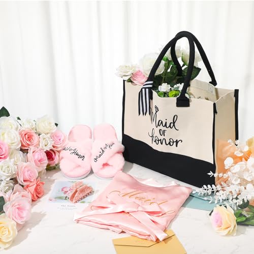 JenPen Conjunto de 4 peças de presentes Maid of Honor Robe Maid of Honor com chinelos, sacola, prend