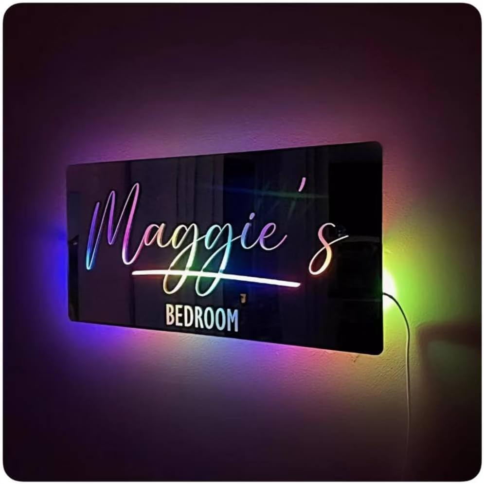 Personalized LED Name Mirror with Light 12 Color Remote Control Personalized Dresser Lighting Bedroom Living Room Decor Personalized Gift (Horizontal (Installation Tools Included))