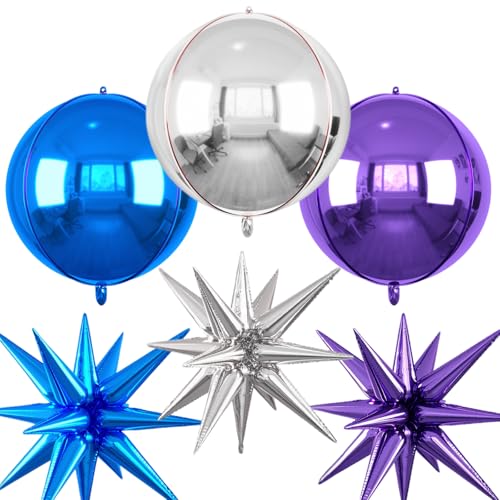 Image of 6pcs 22 inch Blue Silver Purple Star Balloons and 4D Large Foil Balloons, Blue Purple Star Balloon Silver 4D Foil Aluminum Balloon For Birthday Baby Shower Mermaid Theme Party Wedding Decor
