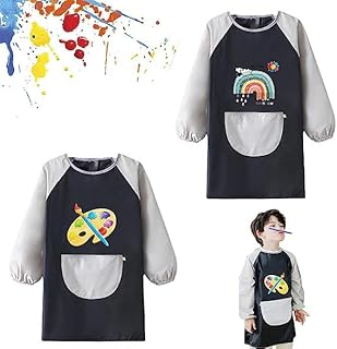 Qooloo 2 Pieces Childs Waterproof Apron, Kids Art Aprons Age 6-12 Years, Waterproof Painting Smock, Waterproof Painting Smock Long Sleeve, Children Painting Apron, Kids Art Aprons for Girls Boys
