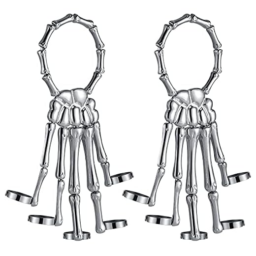 2 Pcs Skull Skeleton Hand Bracelet with Ring Metal Hand Bangle Bracelet Adjustable Skull Fingers Wristband for Men Women Cosplay Halloween Jewelry (Silver)