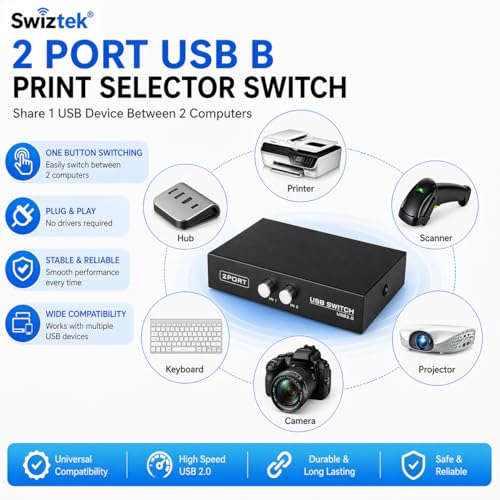 Image of Swiztek USB 2.0 Switch 2-Port USB Sharing Hub for PC | Share keyboard, mouse, printer and USB devices between two computers. Plug & play with manual switch button.