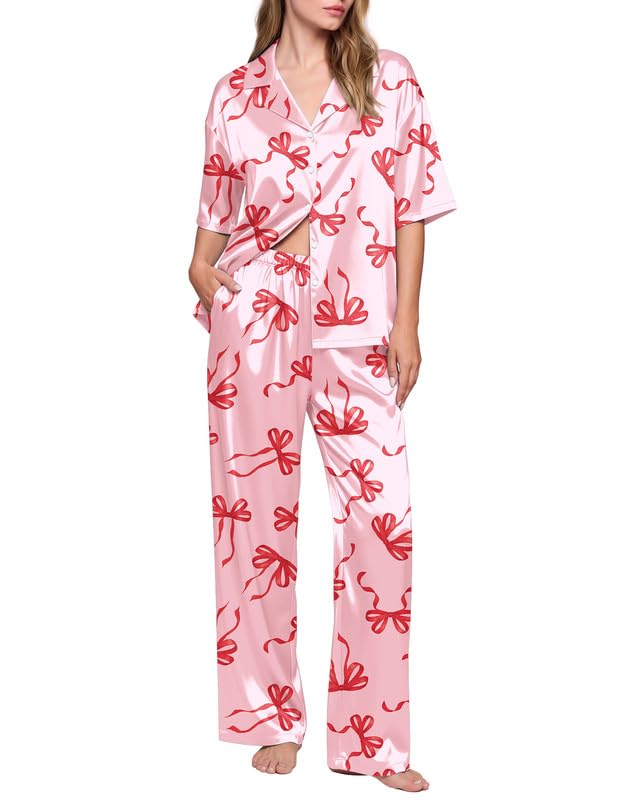 Image of Ekouaer Silk Satin Pajamas Set Women Short Sleeve Pj Sets Button Down Sleepwear 2 Piece Soft Loungewear S-XXL