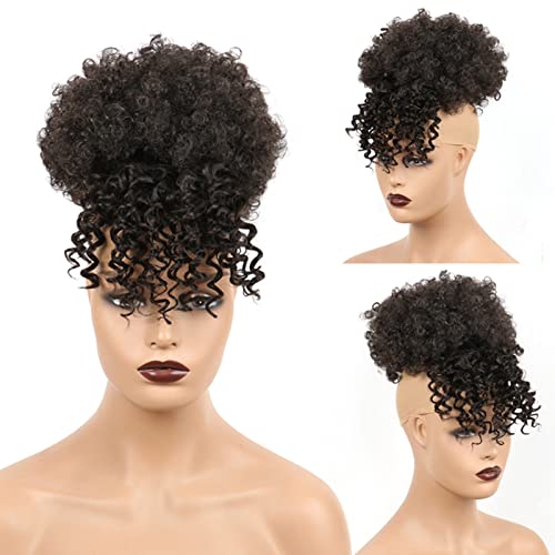 NICENEEDED Afro Puff Drawstring Ponytail With Bangs, Black Pineapple Updo Hairpieces for Black Women, Kinky Curly Ponytail Clip in Bangs Short Hair Extension for Halloween - Image 5