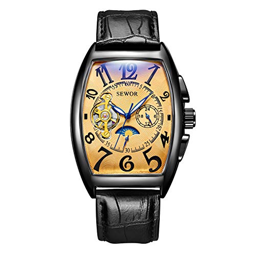Preisvergleich Produktbild SEWOR Luxury Tourbillon Herren Mondphase automatische mechanische Armbanduhr Lederband Glasbeschichtung blau (Schwarzes Gold)
