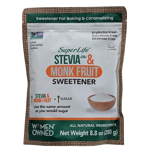 Super Life Stevia & Monk Fruit Sweetener – Low-Glycemic Index, Erythritol-Free Sugar Alternative For Baking, Beverages & Caramelizing | Non-Gmo, Low-Calorie, Keto Diet Friendly – 8.8Oz / 250G