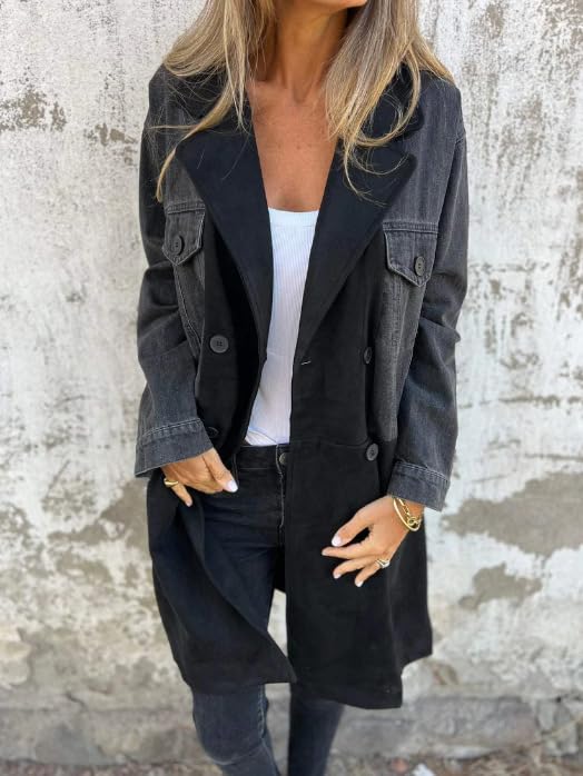 Womens Long Trench Coat Long Sleeve Denim Jacket Notched Lapel Double Breasted Pea Coat Over Knee Tunic Outerwear2