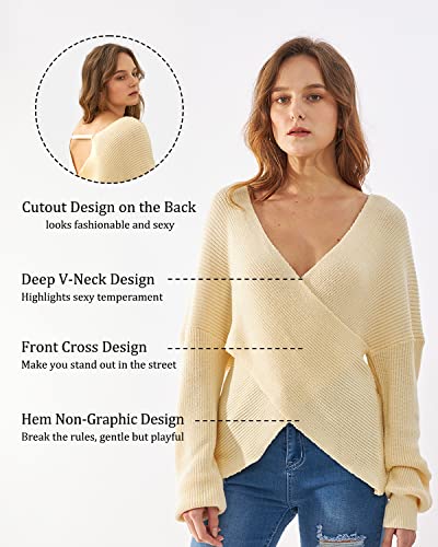 Womens Sweaters, Knit Long Sleeve Off Shoulder Cross Wrap V Neck Solid Colors Casual Pullover Sweater, Off Shoulder Tops For Women - Beige(M) #TOP4