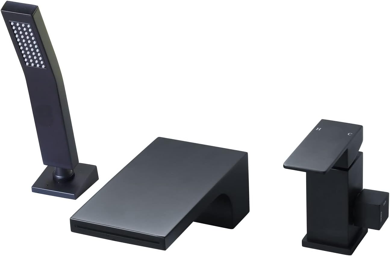 Roman Tub Faucet With HandHeld Shower,Deck Mount Bathtub Faucet Set With Waterfall Tub Spout,3-Holes Single-Handle Widespread Brass Tub Filler With Sprayer Matte Black,4Y3MK