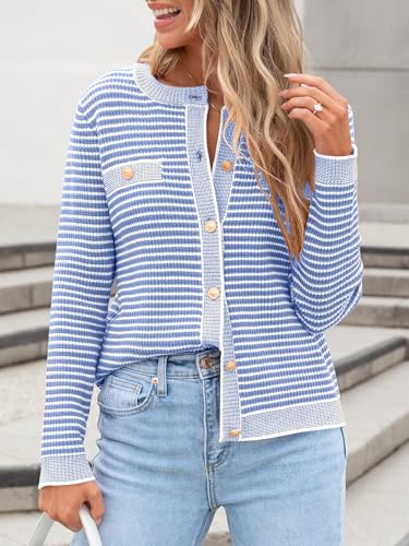 Image of ANRABESS Women's Striped Cardigan Sweaters Casual Long Sleeve Open Front Button Down Knit Cropped Jackets Fall Coat Outerwear