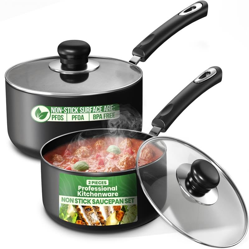 Utopia Kitchen Nonstick Saucepan Set, Cooking Pots with Lids, 1 Quart and 2 Quarts Multipurpose Kitchen Small Pots for Cooking Nonstick With Lids, 1 qt & 2 qt Set, Grey & Black