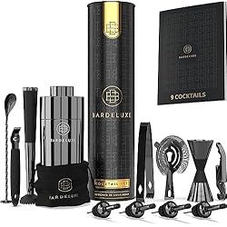 Maletin Barman Profesional BarDeluxe® Kit de Cocteleria de 12 Piezas, Set de Cocteleria | Set Cocteleria Profesional, Juego de Coctelera, Cocktail Kit | Coctelera 750 ml, Coctelería Kit | Elegante Caja de Regalo, Bolsa(Negro)