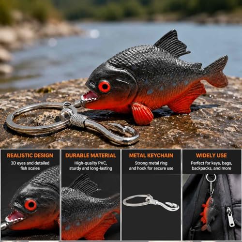 Image of Bass Fishing Keychain Gifts, Bass Fish Key Chain for Men, Cool Fishing Keychain Stuff Funny for Fishing Lovers, Fisherman Gifts for Dad, Boyfriends, Stocking Stuffers (Piranha)