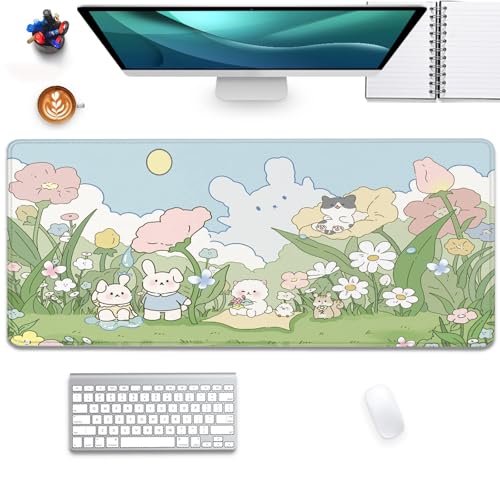 Image of Cute Cartoon Bear Rabbit Cat and Flowers Extended Desk Pad Mouse Pad,Stitched Edges Non-Slip Rubber Base XL Mouse Mat Desk Mat for Office Home Work Floral Mousepad(27.5X11.8 Inch)