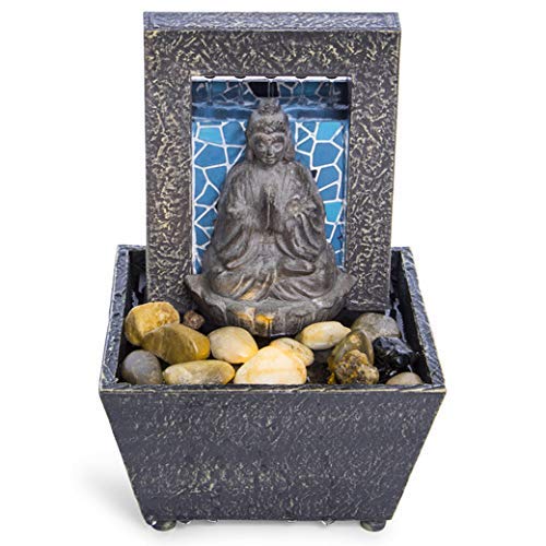 Nature's Mark 7´´ Mosaic Buddha Tranquility Tabletop Water Fountain with Natural River Rocks and LED Lights (Battery Operated, Adapter not Included)