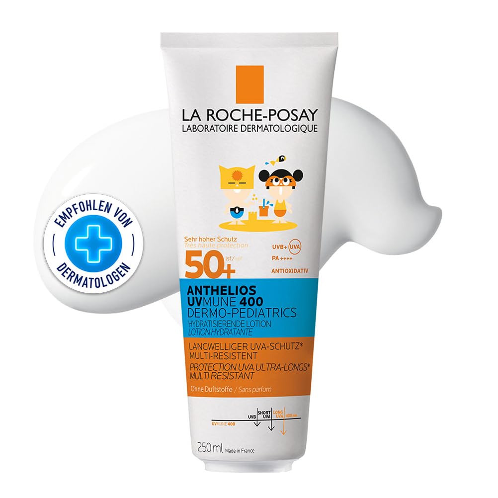 La Roche Posay Sonnenmilch für Kinder mit LSF 50+, Für atopische, empfindliche Haut, Mit Mexoryl 400 und Antioxidantien, Wasser-, schweiß- und sandabweisend, UVMune400 Kids, Anthelios DP, 250 ml