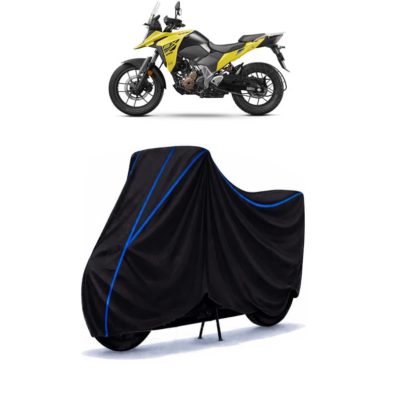 Image of Suzuki V-Strom SX Standard Bike Cover Water Resistant Universal Motorcycle Rain | Heavy Duty UV Protection, Dust, Scratch Indoor Outdoor All Weather with Black Blue Piping Elastic