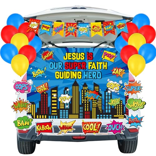 30pcs Halloween Religious Trunk or Treat Car Decorations Kits Super Comic Theme Hero Cityscape Photo Backdrop Jesus Christian Cutouts Balloon Banner Decor for SUV Halloween Party Car Garage Door Decor