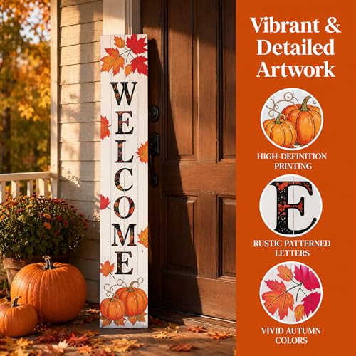 Image of Vertical Wooden Fall Welcome Porch Sign,Rustic Autumn Porch Standing Sign,Decorative Leaning Sign for Front Entrance,Farmhouse Style Outdoor Welcome Decoration-47.2 inch H.