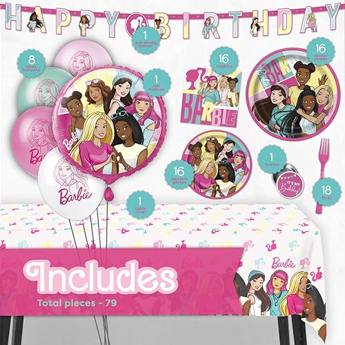 Image of Barbie Birthday Party Decorations | Barbie Party Decorations | Serves 16 Guests | Balloons, Banner, Tablecover, Plates, Napkins, Button | Officially Licensed