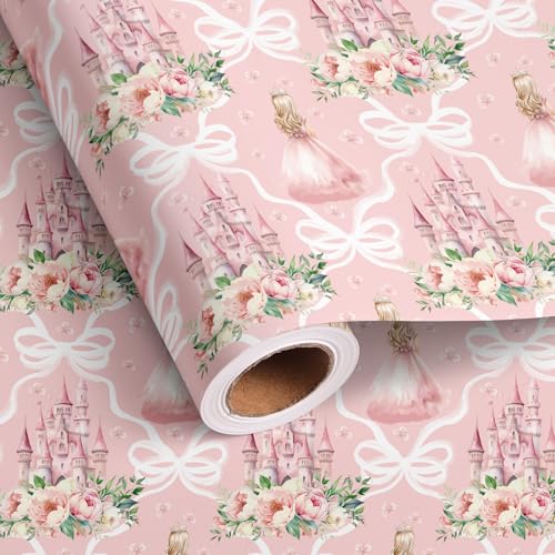 Dlyrroba Princess Wrapping Paper Roll for Girls - Pink Gift Wrap with Castle and Princess Design for Birthday Holiday Baby Shower Party - 17in X 16.5ft