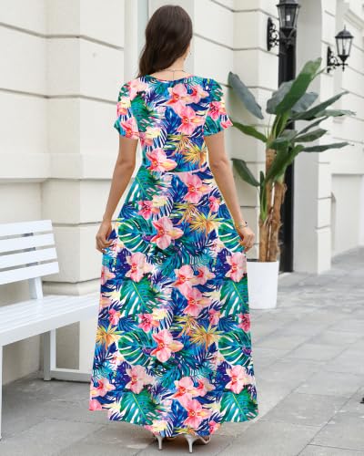Image of COSSEN Women's Crew Neck Short Sleeve Maxi Dress with Pockets Casual Loose Swing for Wedding Guest Beach Vacation