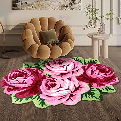 Abreeze Rose Rug Pink Handmade Bathmat Floral Rug Girls Bedroom Rugs Washable Non-Slip Carpets Shaggy Bathroom Mat Machine Washable Living Room Rug, Non Slip Bath Mat, Luxury Bathroom Floor Mats #TOP1