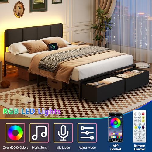 Image of Furnulem Queen Bed Frame with Upholstered Headboard and 2 Storage Drawers | Metal Platform Bed with Charging Station, LED Lights and Fabric Drawers, Noise Free, Easy Assembly, No Box Spring Needed