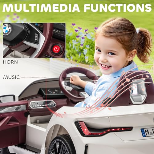Aosom Electric Car for Kids, 12V Licensed BMW i4 Ride on Car with 2.4G Remote Control, Suspension System, Horn Honking, Music, Lights for Boys and Girls, White