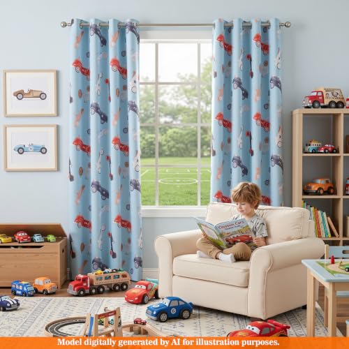 Image of MYSKY HOME 95% Blackout Blue Curtains for Boys Room 84 Inch Long 2 Panels with Car Printed Thermal Insulated Noise Reducing Grommet Drapes for Kids Bedroom Playroom Nursery, Each Panel 52 inch W
