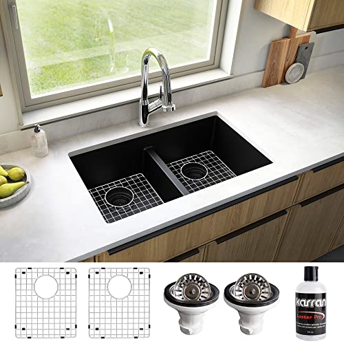 Karran Qu-810 32" Undermount Double Equal Bowl Quartz Kitchen Sink Kit In Black #TOP1