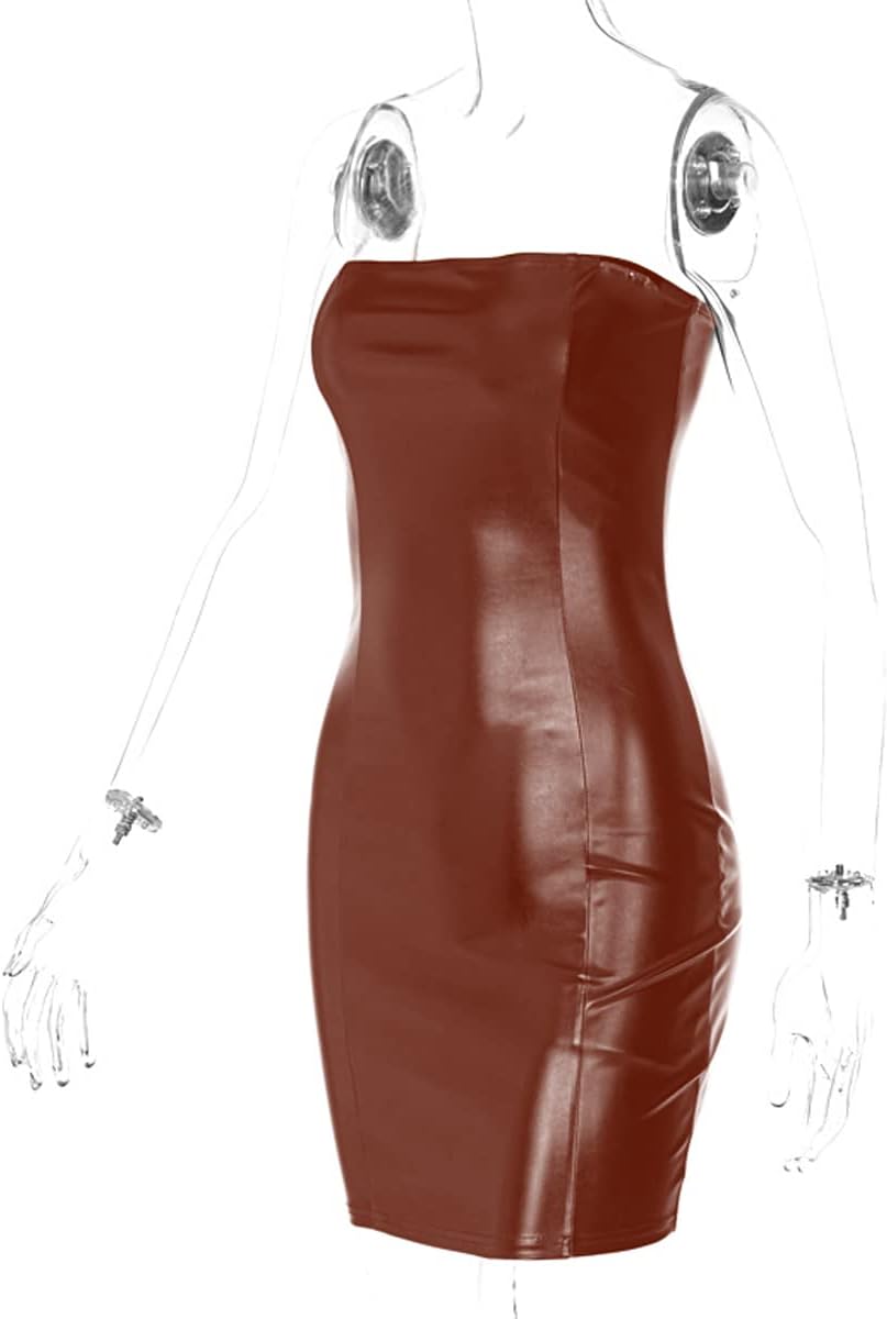 Women Sexy Strapless Bodycon PU Leather Ruched Latex Dress for Club Party - Image 4