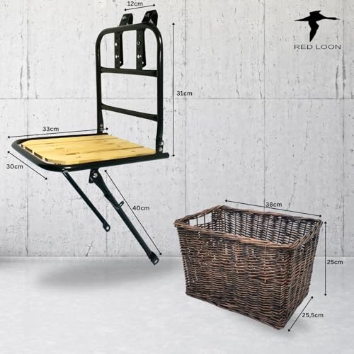 Fahrrad Gepäckträger vorne Frontgepäckträger - Fahrradgepäckträger Vorderrad - Red Loon Fahrrad Frontträger - Stahl/Holz Front Loader - Gepäckträger vorne universell - inkl Fahrradkorb aus Rattan
