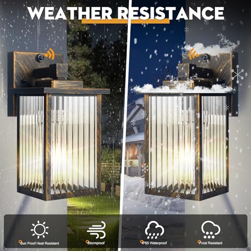 Image of 2 Pack Outdoor Wall Lights with Dusk to Dawn Sensor, Waterproof Exterior Lights for House Porch and Garage, Black Brush Gold Metal Wall Sconce with Textured Glass