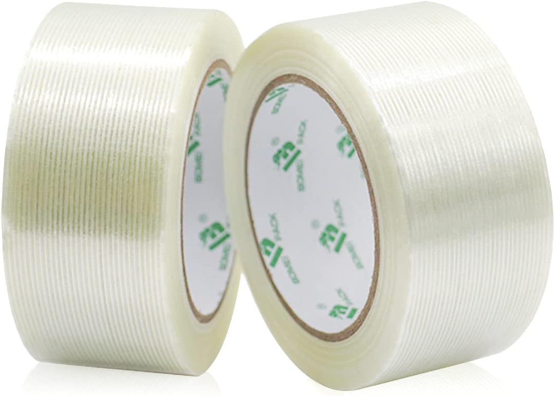 BOMEI PACK Mono Filament Strapping Tape, 2 Roll 2 Inch x 35 Yards 5.5 Mil, Heavy Duty Transparent Reinforced Fiberglass Tape