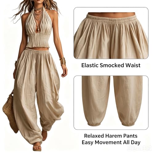 Conjunto bohemio de dos piezas de lino sin mangas para playa y ropa de mujer 4