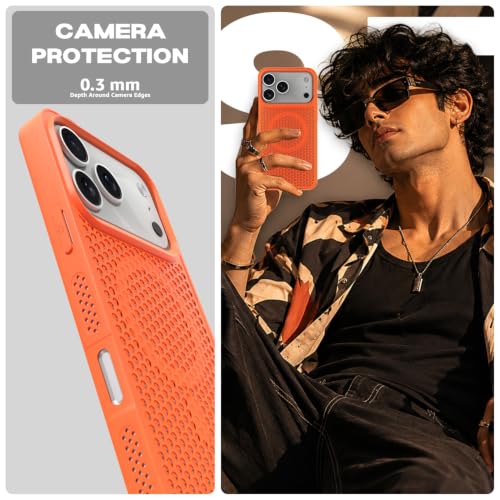 Image of Pikkme Back Cover for iPhone 17 Pro | Honeycomb Cooling Design | Silicone Heat Dissipation | Mag-Safe Compatible | Shockproof Camera Protection Bumper Case (Orange)