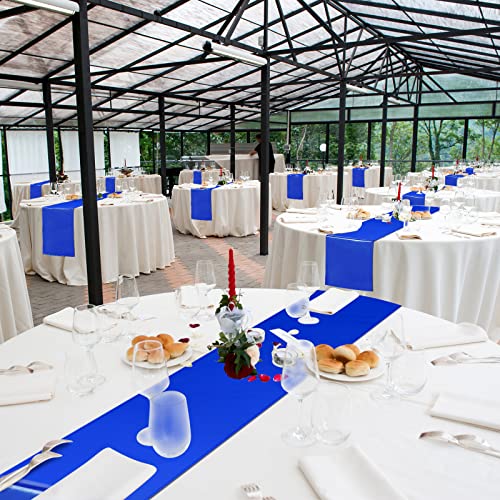Image of 12 Pack 12x108 Inch Satin Table Runner and 84 Inch Round Plastic Tablecloths Set Royal Blue and White Disposable Table Cover for Graduation Wedding Bridal Shower Anniversary Birthday Party Decorations