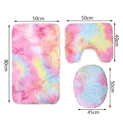 ARLTTH 3er Set Batik Badematten Set Aus Weichem Plüsch, rutschfest, Saugfähig, Badezimmerteppich, U-förmiger Konturteppich Und Toilettendeckelbezug, Waschbar (Regenbogen) – Bild 6