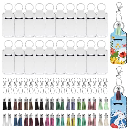 Image of 60Pcs Sublimation Keychain Blanks Holder, Sublimation Blank Lipstick Holder, DIY Bulk Neoprenewith 20Pcs Keychain and 40Pcs Colored Tassels