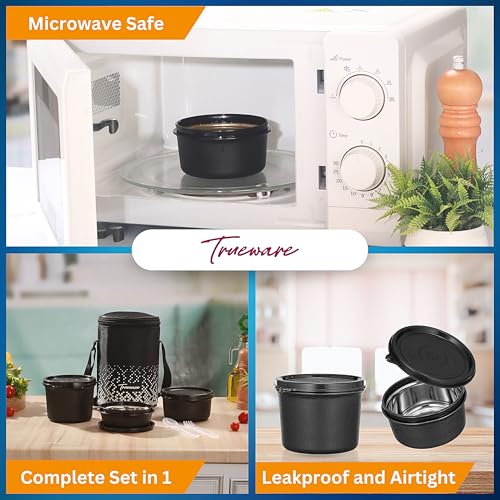 Image of Trueware Omaga Lunch Box with Insulated Fabric Jacket, 3 Microwave Safe & Leak Proof Inner Stainless Steel Containers (1 x 200ml, 1 X 400ml & 1 X 500ml) Tiffin for Office, College