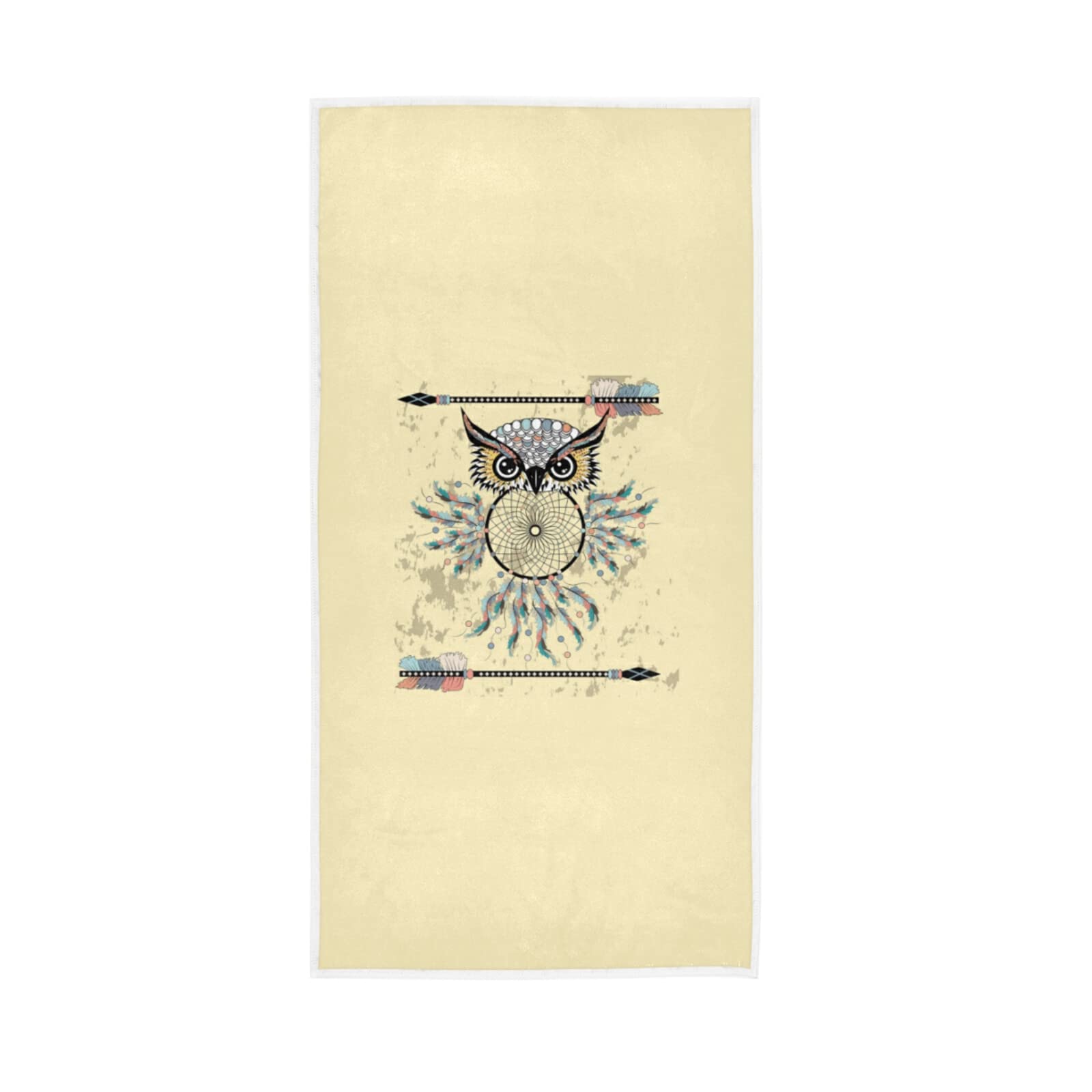 LSRCPD Vintage Beige Dream Catcher Owl Bohemian Style Bohemian Feathers Soft Hand Bath Towel 30" x 15" Thin Fast Drying Absorbent Soft Towels for Kitchen Gym Spa Hotel Beach