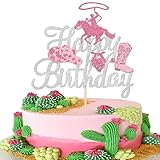 1 PCS Cowgirl Happy Birthday Cake Topper Sliver Glitter Western Cowgirl Birthday Cake Pick Hat Boot Disco Cowgirl Cake Decoration for Cowgirls Theme Women Birthday Party Decorations Supplies Sliver